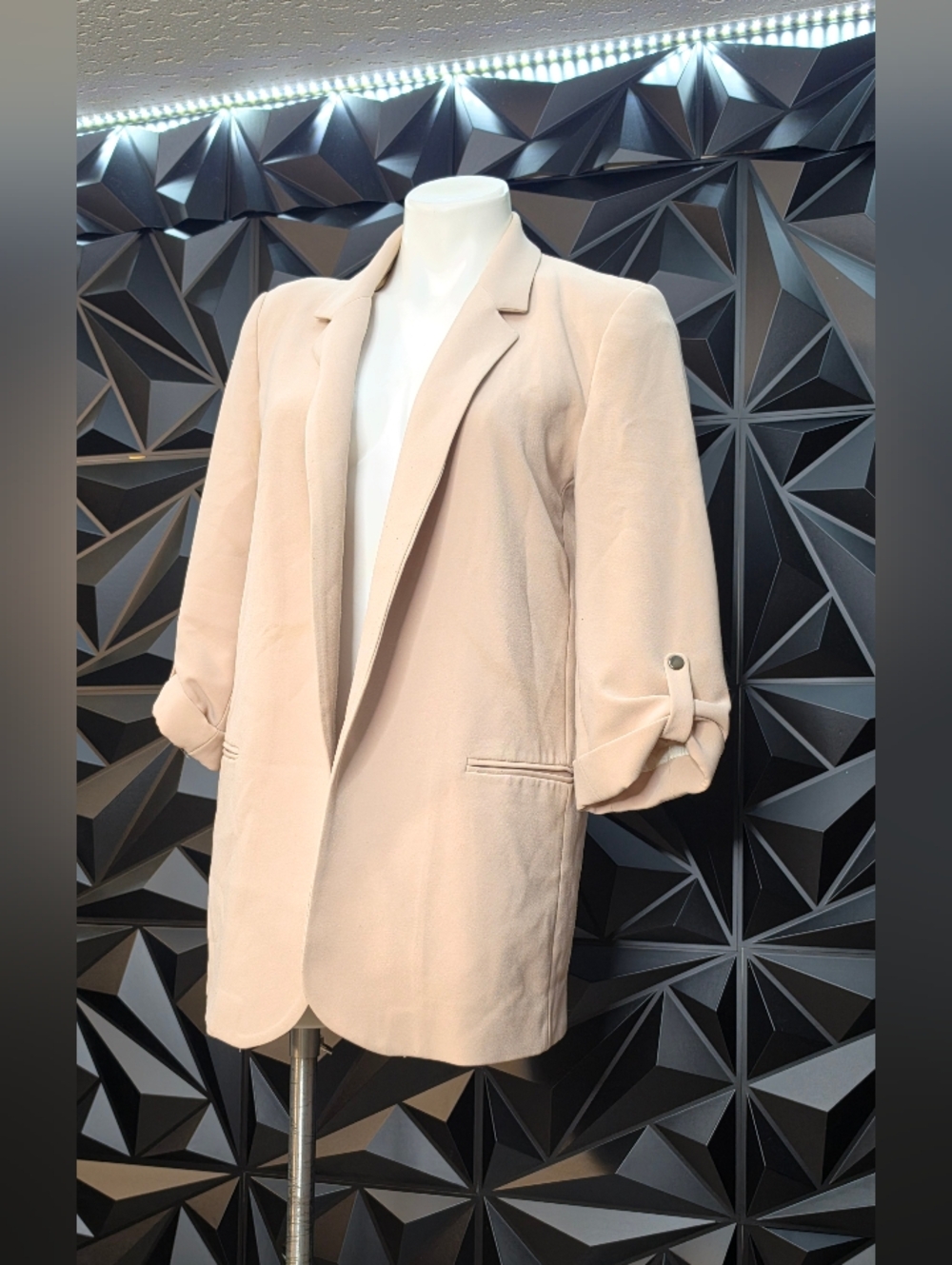 Zara Basic Beige Open-Front Roll-Sleeve Blazer